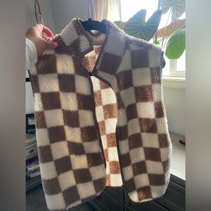 Brown and White Checkered Fleece Vest